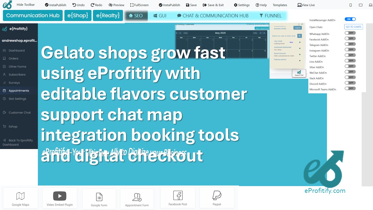 Gelato shops grow fast using eProfitify with editable flavors customer support chat map integration booking tools and digital checkout